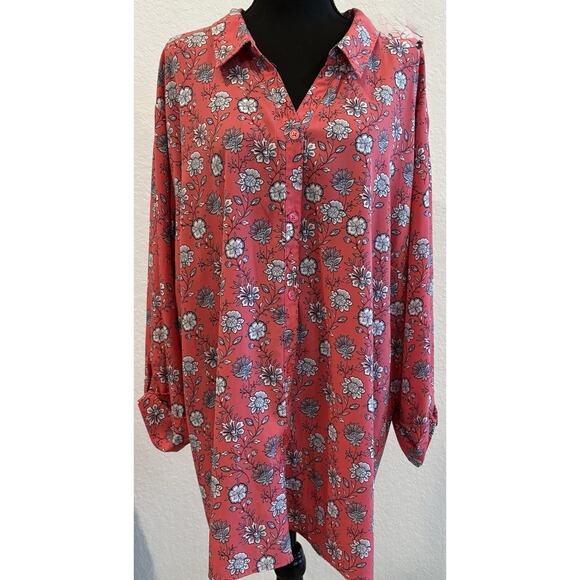 Catherines Coral Floral Button-Up Tunic Blouse 3/4 Roll Tab Sleeves Size 4X - Picture 1 of 4